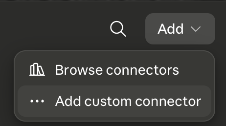 The Add menu with Browse connectors and Add custom connector