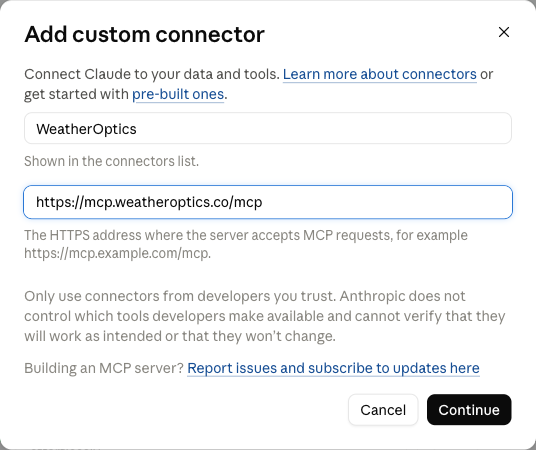 Add custom connector, step 1 of 2: Name and MCP server URL