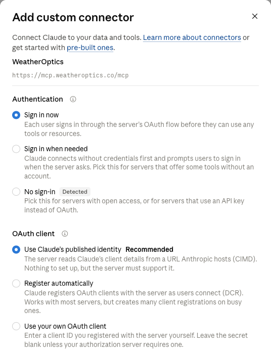 Add custom connector, step 2 of 2: Sign in now selected under Authentication, Use Claude's published identity selected under OAuth client