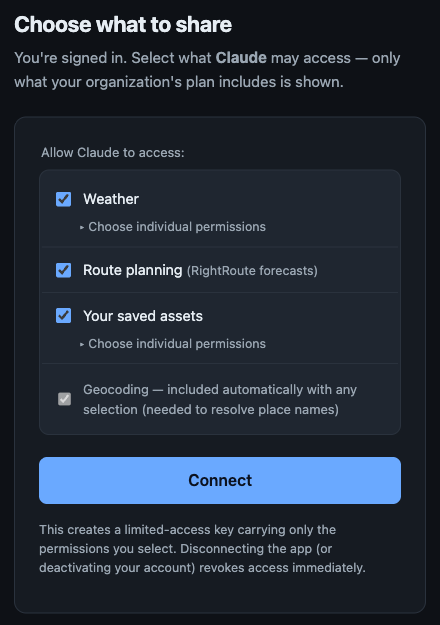 The Choose what to share page with Weather, Route planning and Your saved assets checkboxes