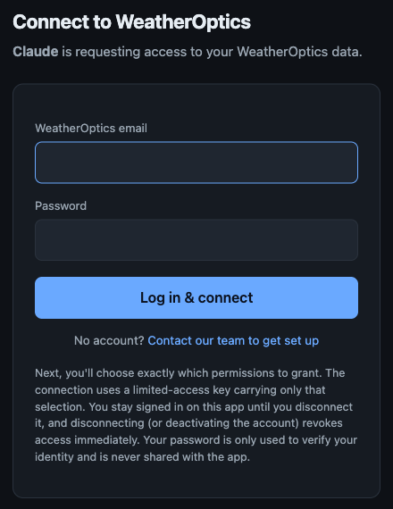 The Connect to WeatherOptics sign-in page with email and password fields