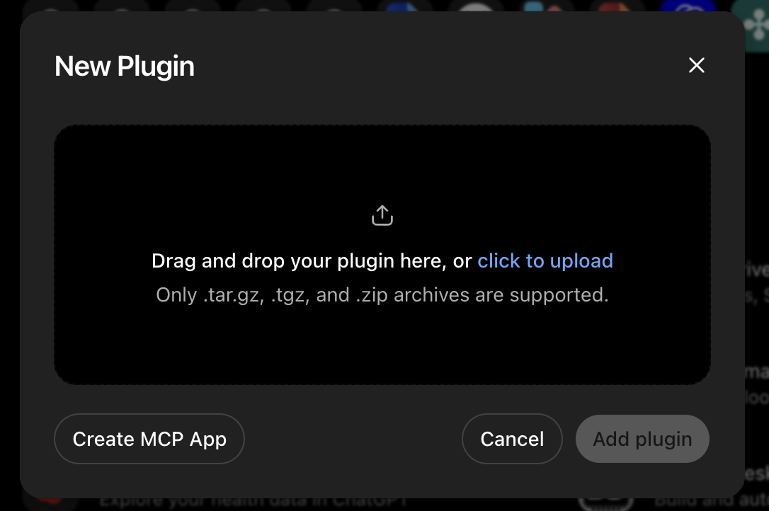 The New Plugin dialog with the Create MCP App button at the bottom left